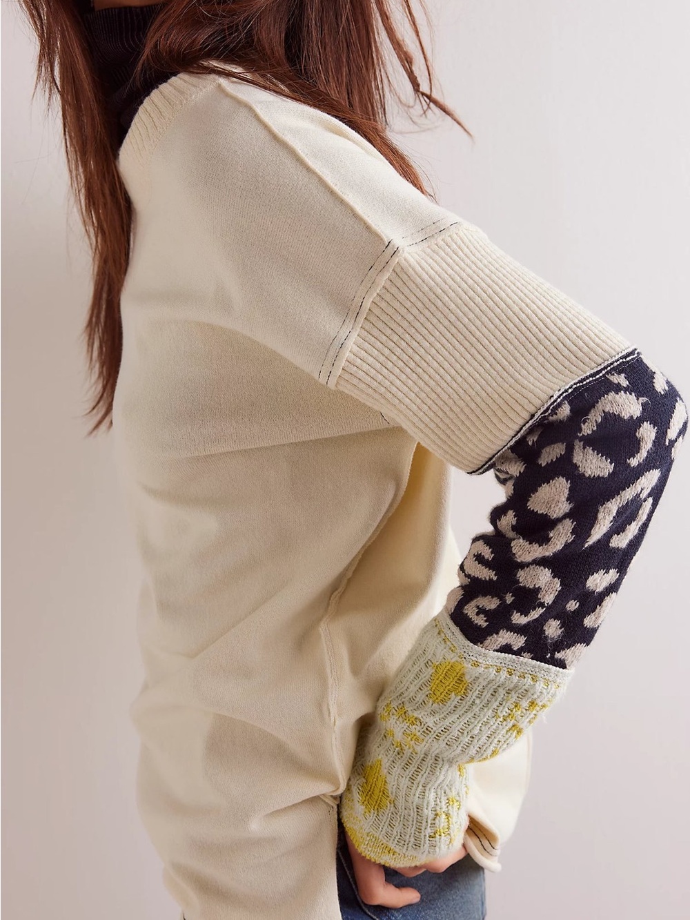 We The Free Tigger Cuff Cream Sweater Sweatshirt Leopard Sleeves Winter | L